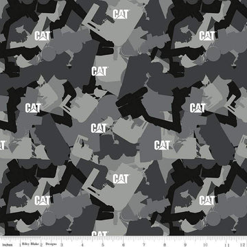 Image of the Caterpillar 100 Years Camo Gray quilting cotton fabric by Riley Blake Designs. Features camouflage on a gray background. Cute Little Fabric Shop
