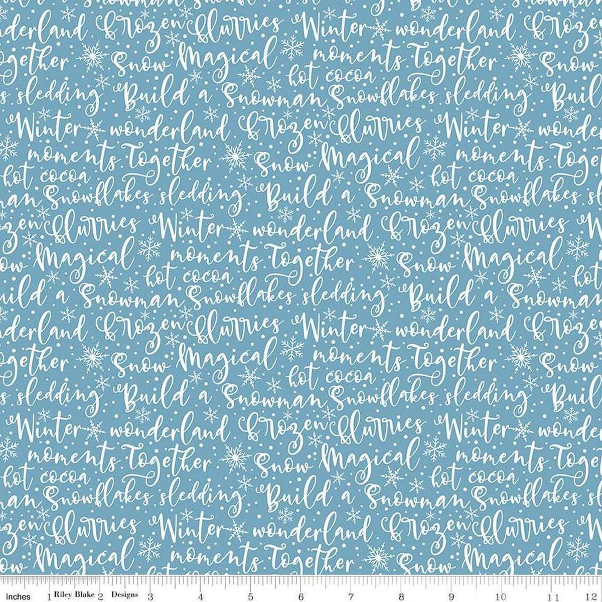 Image of the Winter Magic Winter Words Blue quilting cotton fabric by Riley Blake Designs. Features words on a blue background. Cute Little Fabric Shop