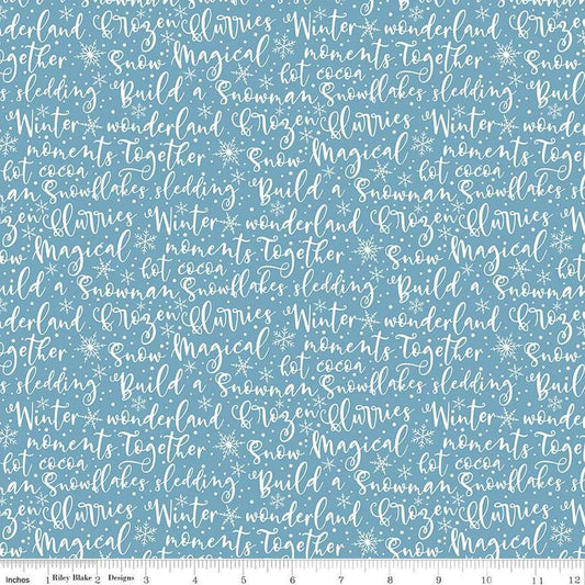 Image of the Winter Magic Winter Words Blue quilting cotton fabric by Riley Blake Designs. Features words on a blue background. Cute Little Fabric Shop