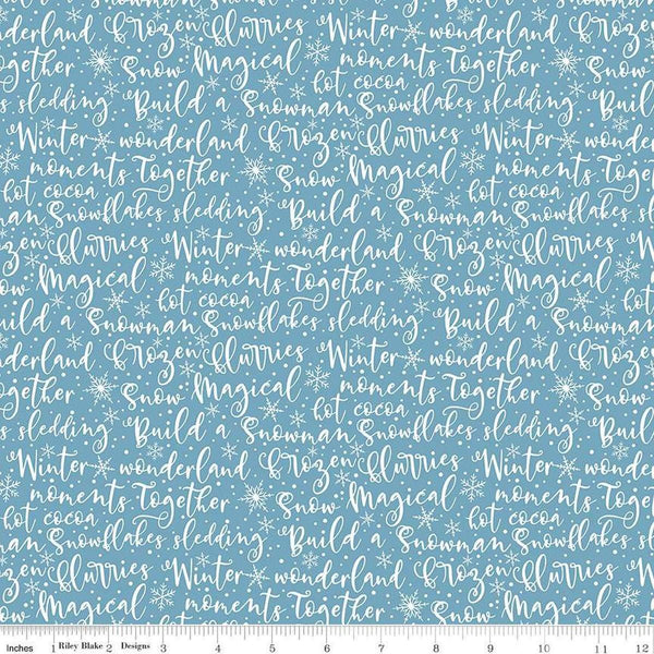 Image of the Winter Magic Winter Words Blue quilting cotton fabric by Riley Blake Designs. Features words on a blue background. Cute Little Fabric Shop