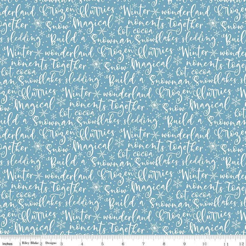 Image of the Winter Magic Winter Words Blue quilting cotton fabric by Riley Blake Designs. Features words on a blue background. Cute Little Fabric Shop