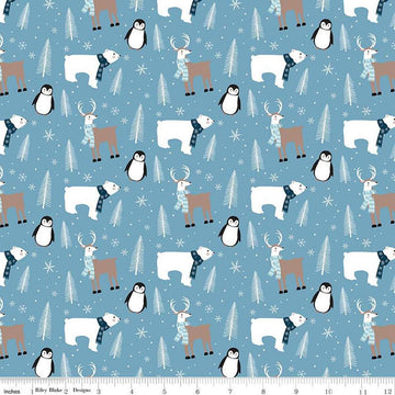 Image of the Winter Magic Main Blue quilting cotton fabric by Riley Blake Designs. Features animals on a blue background. Cute Little Fabric Shop