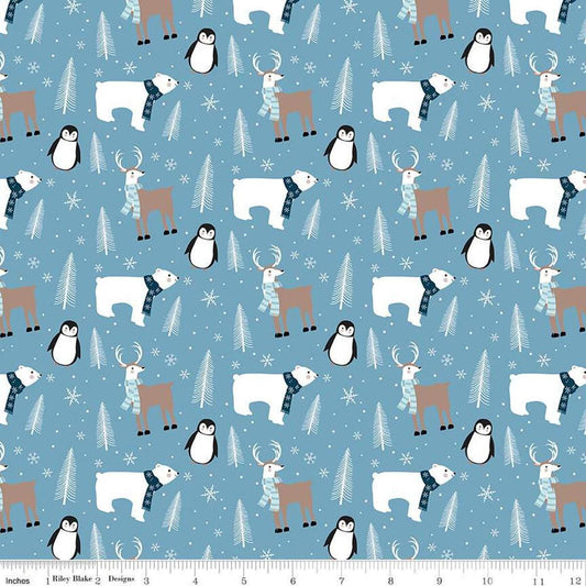 Image of the Winter Magic Main Blue quilting cotton fabric by Riley Blake Designs. Features animals on a blue background. Cute Little Fabric Shop