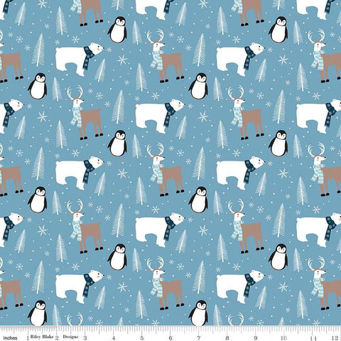 Image of the Winter Magic Main Blue quilting cotton fabric by Riley Blake Designs. Features animals on a blue background. Cute Little Fabric Shop