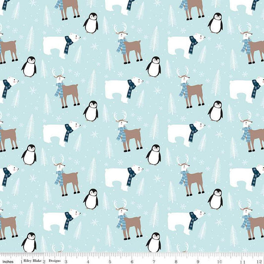 Image of the Winter Magic Main Aqua quilting cotton fabric by Riley Blake Designs. Features animals on a blue background. Cute Little Fabric Shop
