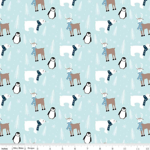 Image of the Winter Magic Main Aqua quilting cotton fabric by Riley Blake Designs. Features animals on a blue background. Cute Little Fabric Shop