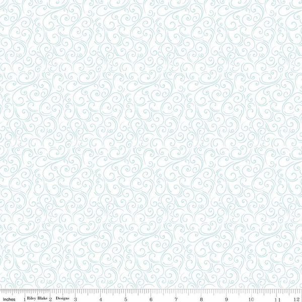 Image of the Winter Magic Swirls White quilting cotton fabric by Riley Blake Designs. Features swirls on a white background. Cute Little Fabric Shop