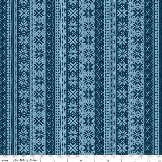 Image of the Winter Magic Sweater Stipe Navy quilting cotton fabric by Riley Blake Designs. Features stripes on a blue background. Cute Little Fabric Shop
