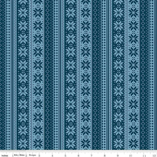 Image of the Winter Magic Sweater Stipe Navy quilting cotton fabric by Riley Blake Designs. Features stripes on a blue background. Cute Little Fabric Shop