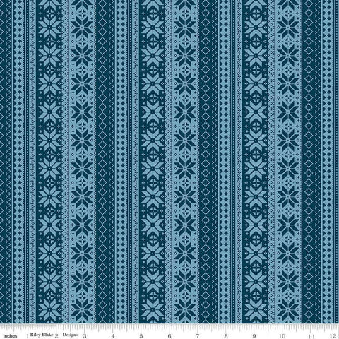 Image of the Winter Magic Sweater Stipe Navy quilting cotton fabric by Riley Blake Designs. Features stripes on a blue background. Cute Little Fabric Shop