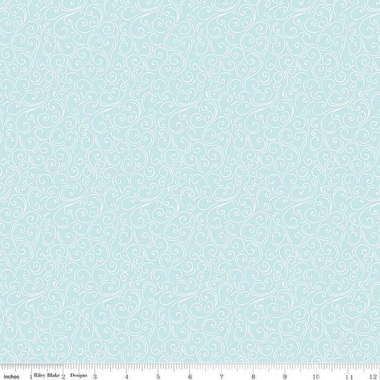 Image of the Winter Magic Swirls Aqua quilting cotton fabric by Riley Blake Designs. Features swirls on a blue background. Cute Little Fabric Shop