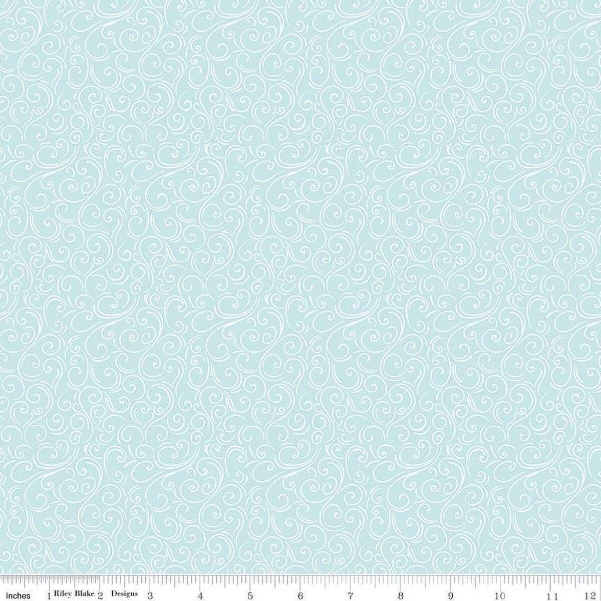 Image of the Winter Magic Swirls Aqua quilting cotton fabric by Riley Blake Designs. Features swirls on a blue background. Cute Little Fabric Shop