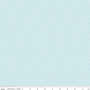 Image of the Winter Magic Swirls Aqua quilting cotton fabric by Riley Blake Designs. Features swirls on a blue background. Cute Little Fabric Shop