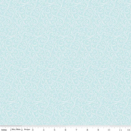 Image of the Winter Magic Swirls Aqua quilting cotton fabric by Riley Blake Designs. Features swirls on a blue background. Cute Little Fabric Shop