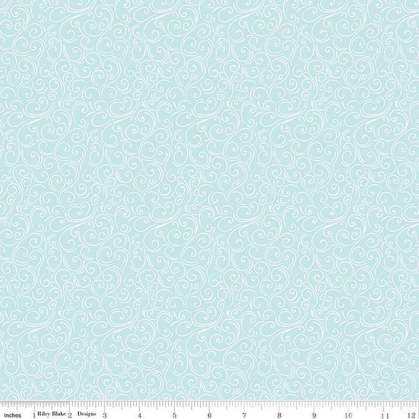Image of the Winter Magic Swirls Aqua quilting cotton fabric by Riley Blake Designs. Features swirls on a blue background. Cute Little Fabric Shop