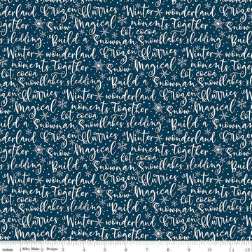 Image of the Winter Magic Winter Words Navy quilting cotton fabric by Riley Blake Designs. Features words on a blue background. Cute Little Fabric Shop
