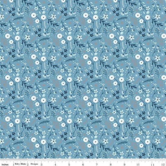 Image of the Winter Magic Floral Blue quilting cotton fabric by Riley Blake Designs. Features flowers on a blue background. Cute Little Fabric Shop
