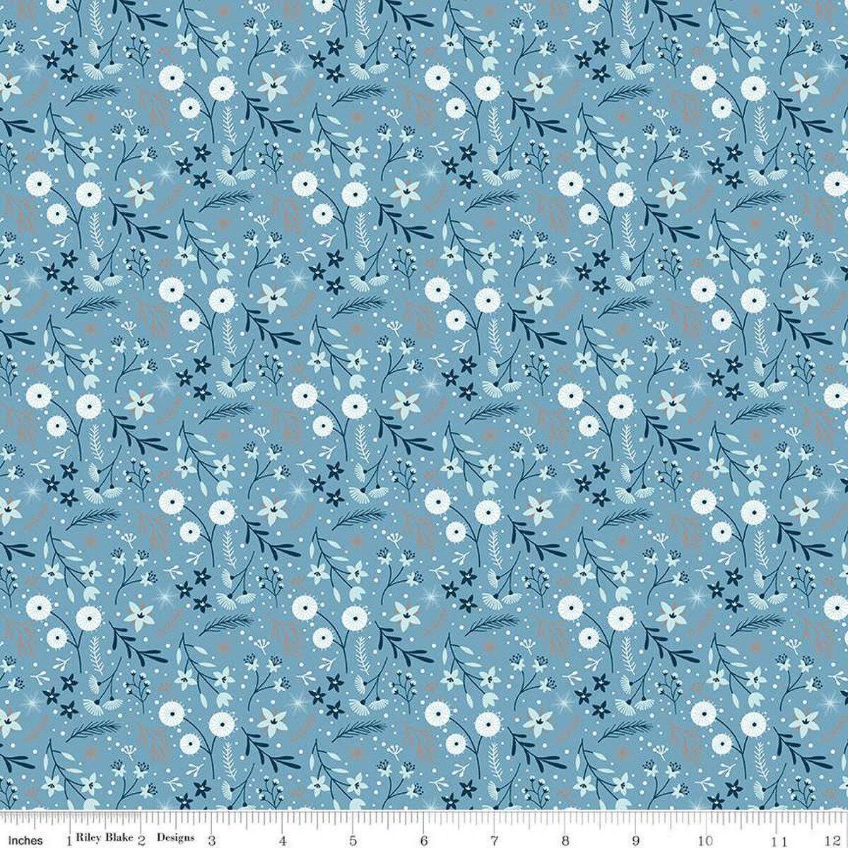 Image of the Winter Magic Floral Blue quilting cotton fabric by Riley Blake Designs. Features flowers on a blue background. Cute Little Fabric Shop