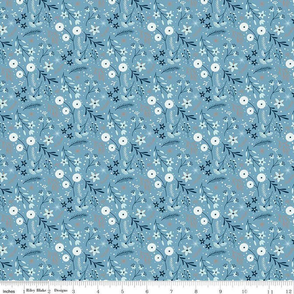 Image of the Winter Magic Floral Blue quilting cotton fabric by Riley Blake Designs. Features flowers on a blue background. Cute Little Fabric Shop