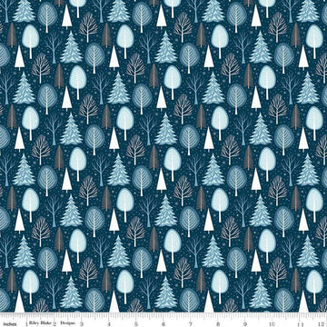 Image of the Winter Magic Trees Blue quilting cotton fabric by Riley Blake Designs. Features trees on a blue background. Cute Little Fabric Shop