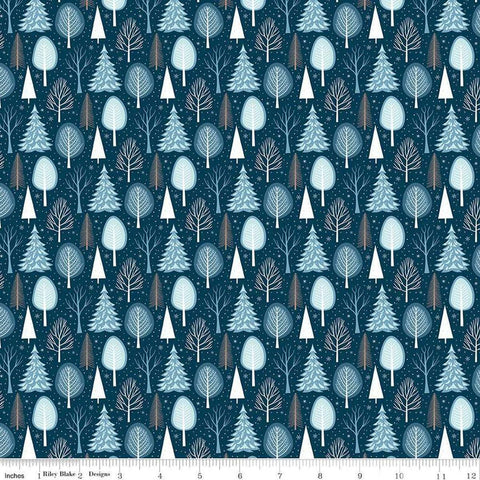 Image of the Winter Magic Trees Blue quilting cotton fabric by Riley Blake Designs. Features trees on a blue background. Cute Little Fabric Shop