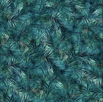 Image of the California Dreaming Palms Teal quilting cotton fabric by QT Fabrics. Features palm trees on a blue background. Cute Little Fabric Shop