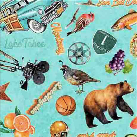 Image of the California Dreaming California Icons Turquoise quilting cotton fabric by QT Fabrics. Features cars on a blue background. Cute Little Fabric Shop