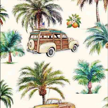 Image of the California Dreaming Palm Trees & Cars Ecru quilting cotton fabric by QT Fabrics. Features palm trees on a cream background. Cute Little Fabric Shop