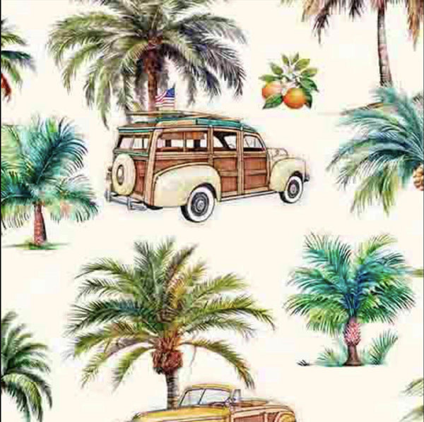 Image of the California Dreaming Palm Trees & Cars Ecru quilting cotton fabric by QT Fabrics. Features palm trees on a cream background. Cute Little Fabric Shop