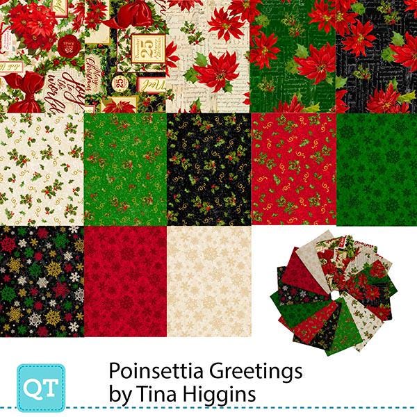 Poinsettia Greetings Fat Quarter Bundle 13 pieces - QT Fabrics - Pre cut Precut - Holiday Christmas Floral Flowers - Quilting Cotton Fabric