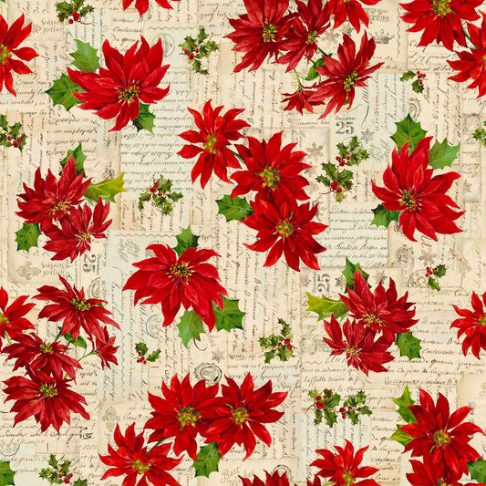 Image of the Poinsettia Greetings Poinsettia Toss Cream quilting cotton fabric by QT Fabrics. Features flowers on a cream background. Cute Little Fabric Shop