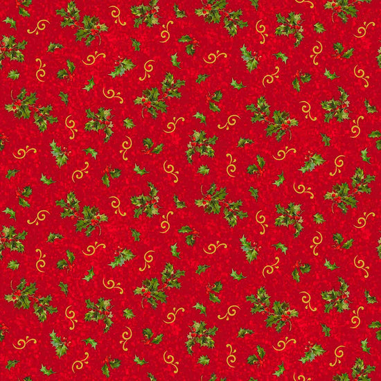 Image of the Poinsettia Greetings Holly & Scroll Red quilting cotton fabric by QT Fabrics. Features flowers on a red background. Cute Little Fabric Shop