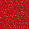 Image of the Poinsettia Greetings Holly & Scroll Red quilting cotton fabric by QT Fabrics. Features flowers on a red background. Cute Little Fabric Shop