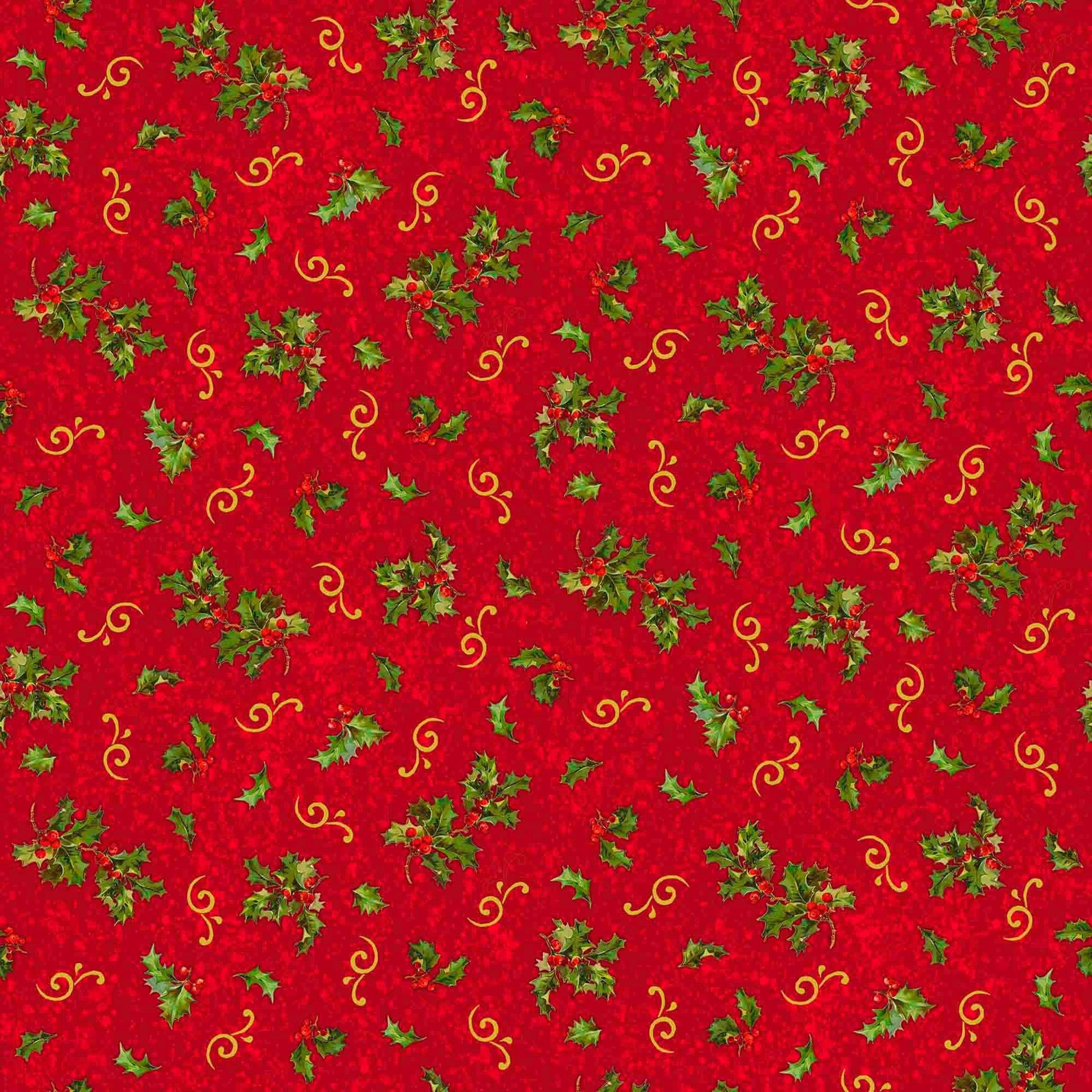 Image of the Poinsettia Greetings Holly & Scroll Red quilting cotton fabric by QT Fabrics. Features flowers on a red background. Cute Little Fabric Shop