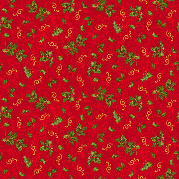 Image of the Poinsettia Greetings Holly & Scroll Red quilting cotton fabric by QT Fabrics. Features flowers on a red background. Cute Little Fabric Shop