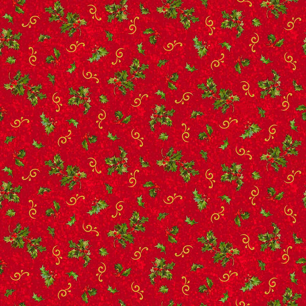 Image of the Poinsettia Greetings Holly & Scroll Red quilting cotton fabric by QT Fabrics. Features flowers on a red background. Cute Little Fabric Shop