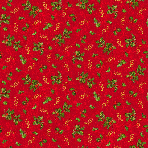 Image of the Poinsettia Greetings Holly & Scroll Red quilting cotton fabric by QT Fabrics. Features flowers on a red background. Cute Little Fabric Shop