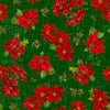 Image of the Poinsettia Greetings Poinsettia Toss Forest quilting cotton fabric by QT Fabrics. Features flowers on a green background. Cute Little Fabric Shop