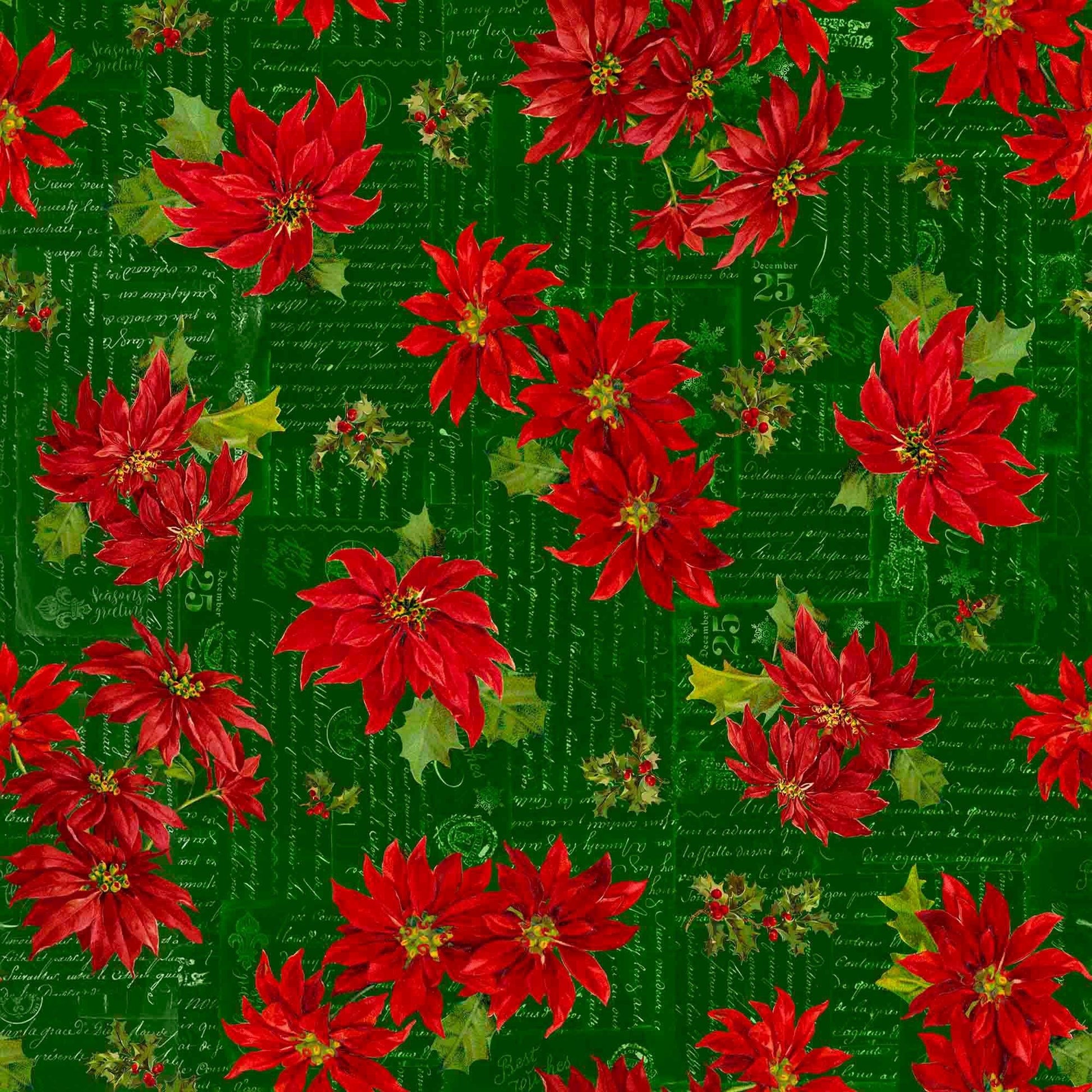 Image of the Poinsettia Greetings Poinsettia Toss Forest quilting cotton fabric by QT Fabrics. Features flowers on a green background. Cute Little Fabric Shop