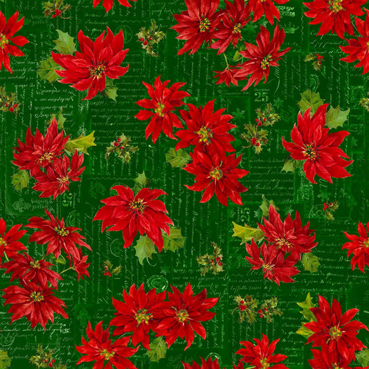 Image of the Poinsettia Greetings Poinsettia Toss Forest quilting cotton fabric by QT Fabrics. Features flowers on a green background. Cute Little Fabric Shop