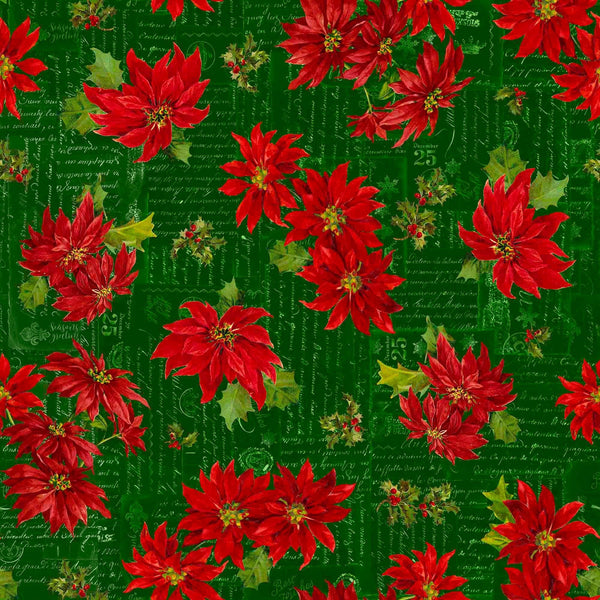 Image of the Poinsettia Greetings Poinsettia Toss Forest quilting cotton fabric by QT Fabrics. Features flowers on a green background. Cute Little Fabric Shop