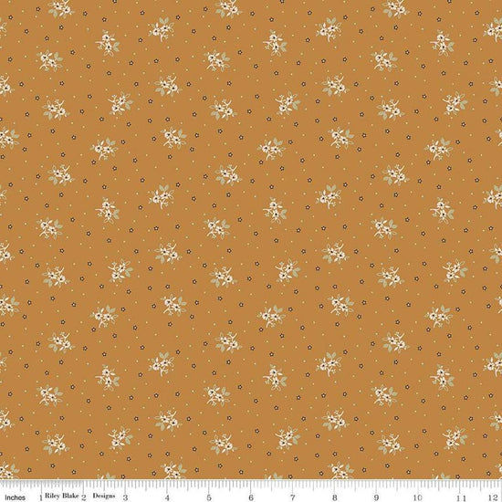 Image of the Gentler Times Lovely Butterscotch quilting cotton fabric by Riley Blake Designs. Features flowers on a tan background. Cute Little Fabric Shop