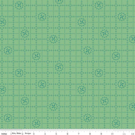 Image of the Gentler Times Delicate Leaf quilting cotton fabric by Riley Blake Designs. Features flowers on a green background. Cute Little Fabric Shop