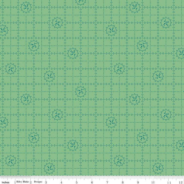 Image of the Gentler Times Delicate Leaf quilting cotton fabric by Riley Blake Designs. Features flowers on a green background. Cute Little Fabric Shop