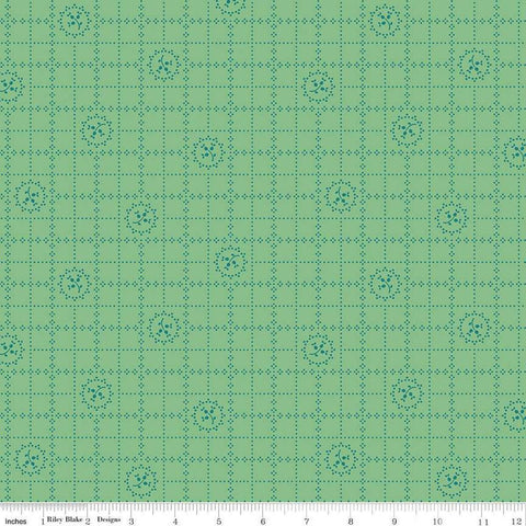 Image of the Gentler Times Delicate Leaf quilting cotton fabric by Riley Blake Designs. Features flowers on a green background. Cute Little Fabric Shop