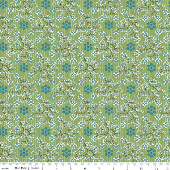 Image of the Gentler Times Swell Basil quilting cotton fabric by Riley Blake Designs. Features flowers on a green background. Cute Little Fabric Shop