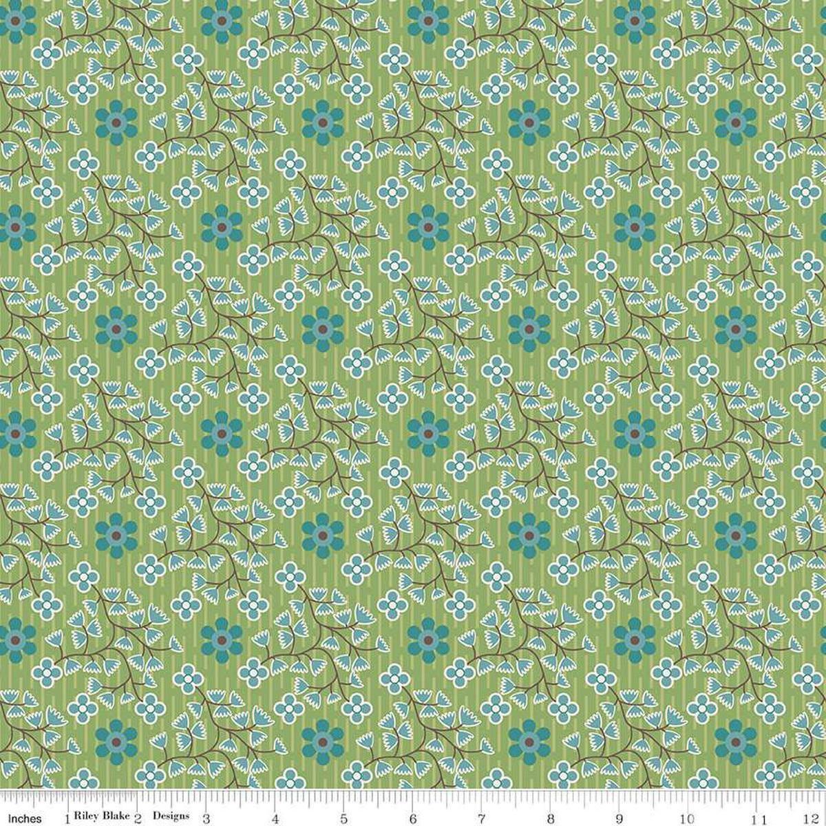 Image of the Gentler Times Swell Basil quilting cotton fabric by Riley Blake Designs. Features flowers on a green background. Cute Little Fabric Shop