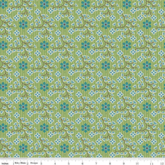Image of the Gentler Times Swell Basil quilting cotton fabric by Riley Blake Designs. Features flowers on a green background. Cute Little Fabric Shop