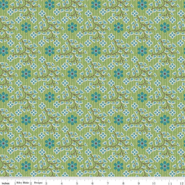 Image of the Gentler Times Swell Basil quilting cotton fabric by Riley Blake Designs. Features flowers on a green background. Cute Little Fabric Shop