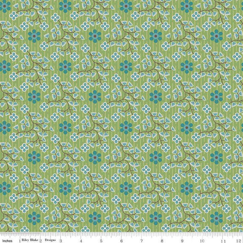 Image of the Gentler Times Swell Basil quilting cotton fabric by Riley Blake Designs. Features flowers on a green background. Cute Little Fabric Shop
